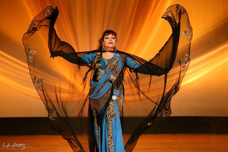 Jihan Jamal in a black chiffon cape at Arabian Voyage 2018