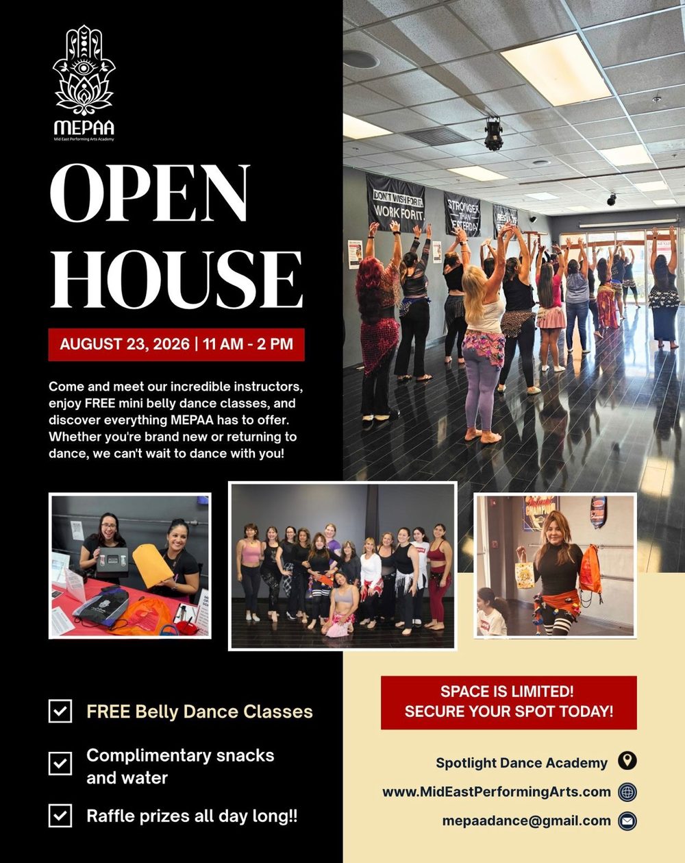 MEPAA Open House flyer &mdash; 23 August 2026, 11 AM to 2 PM at Spotlight Dance Academy, with free belly dance classes, snacks and raffle prizes