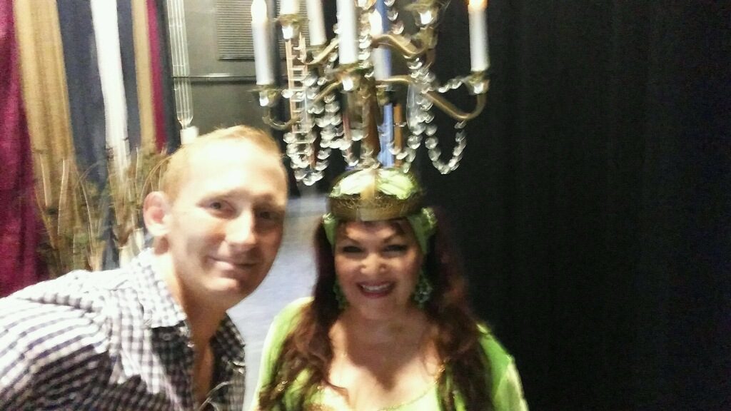 Jihan Jamal backstage with emcee Rick Astray Caneda at Worldly Treasures, Key Largo